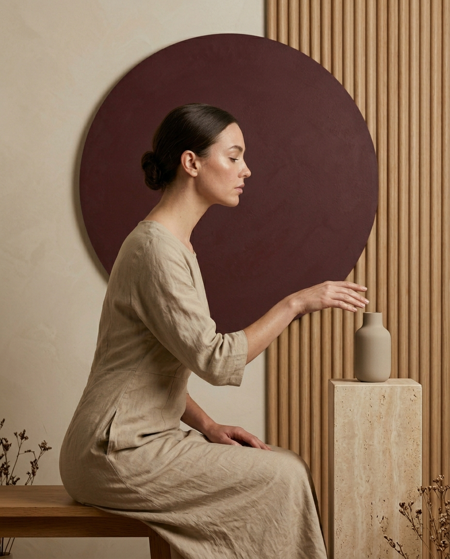 Editorial — model in linen with bordeaux circle backdrop