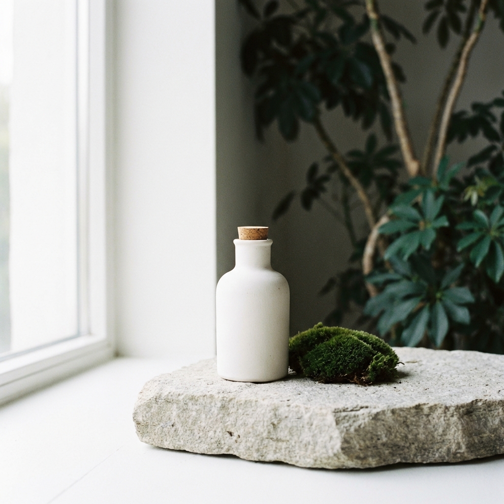 Suri product — bottle on stone with moss and plant, natural light
