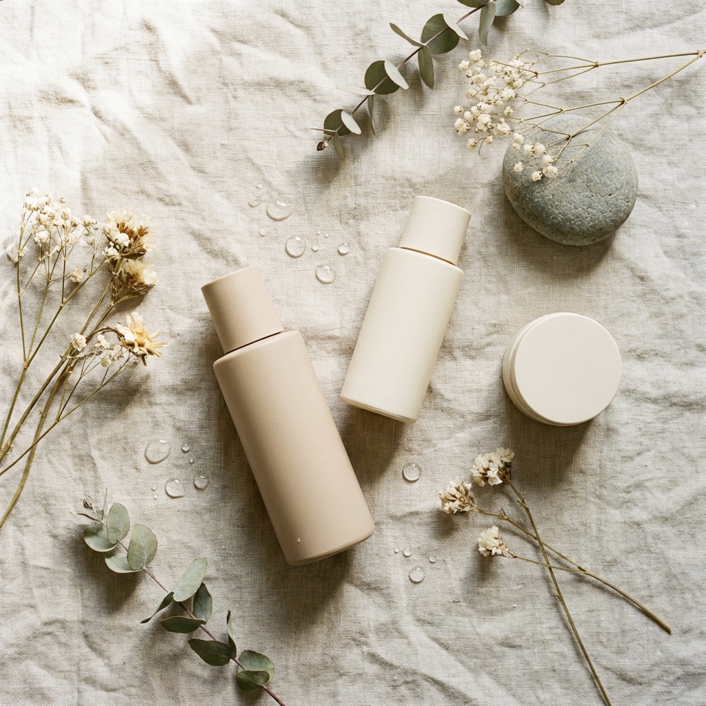 Editorial flatlay — beige packaging on linen with eucalyptus and water drops