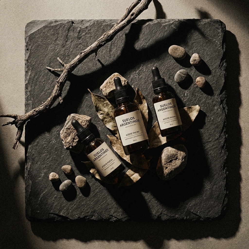 Dark cinematic flatlay — Suelos Argentinos dropper bottles on slate